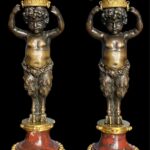 Beurdeley, Rare Pair Of Louis XVI Style Candlesticks Combining Gilt And Patinated Bronze & Griotte Marble