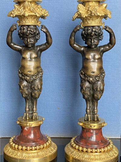 Beurdeley, Rare Pair Of Louis XVI Style Candlesticks Combining Gilt And Patinated Bronze & Griotte Marble