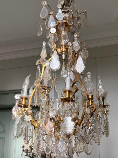 Chandelier Signed Maison Mottheau In Cage Form In Gilt Bronze And Cut Glass